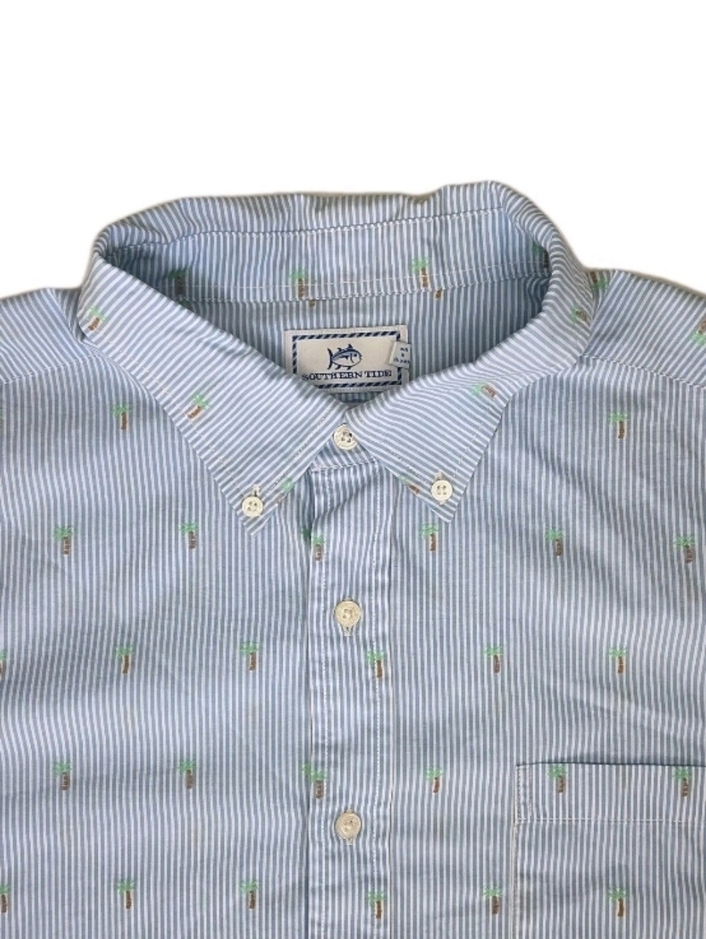 Southern Tide Mens Trim Fit Button Down SS Shirt Size XL Striped Palm Tree Print